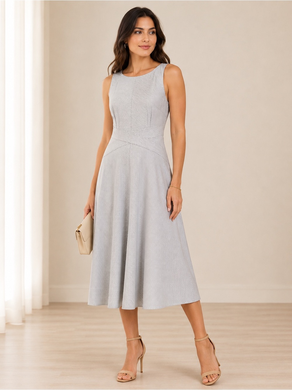 Ann Taylor Blue White Searsucker Striped Tank Midi Dress Fit Flare Women 4